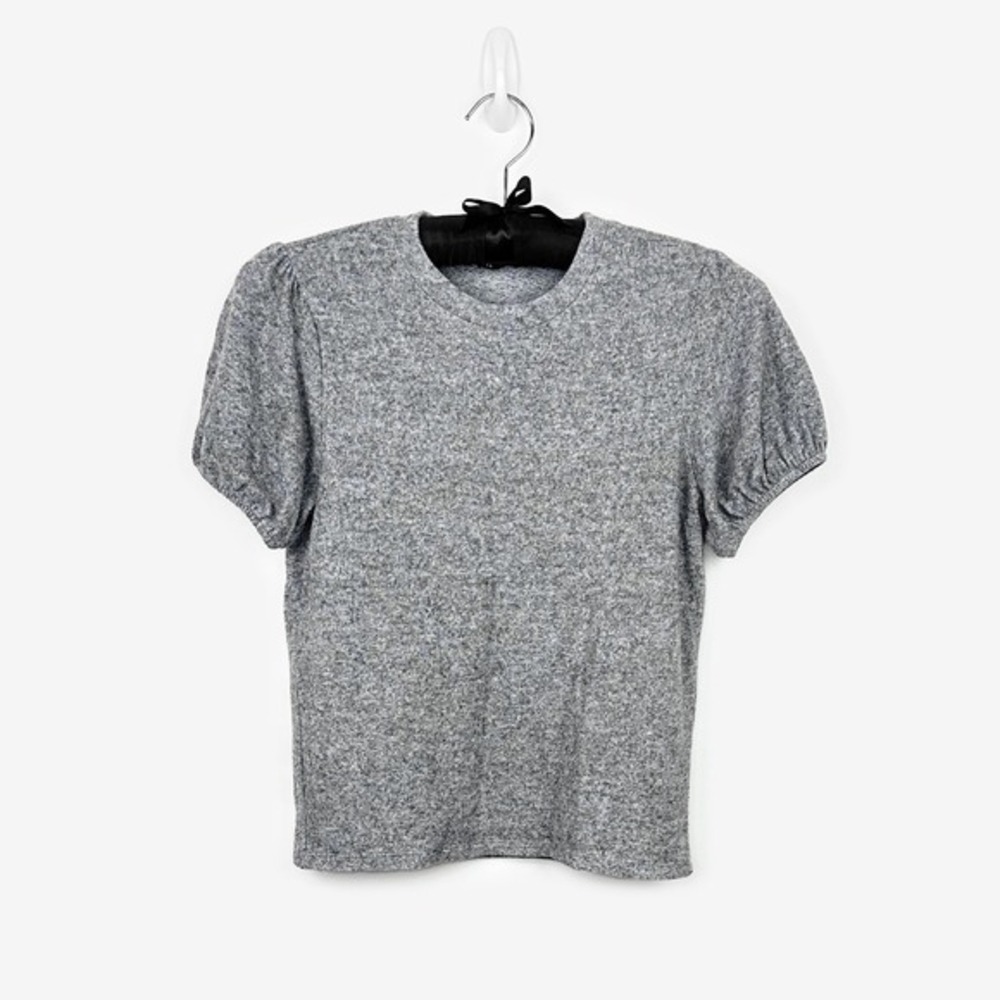 Zara Puff Sleeve Knit Top Size M Heather Gray Neutral Minimalist Preppy Softcore